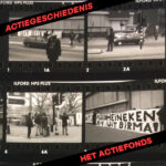 Ingescanned fotorolletje met vier zwart-wit foto’s van een actie tegen Heineken in Birma. In de hoeken staat 'Actiegeschiedenis' en 'Het Actiefonds' in rode letters met een zwart achtergrond.