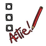 Een afbeelding met drie stembolletjes, ze zijn niet ingekleurd. In plaatds daarvan is er onder het woord 'Actie!' geschreven in rood met een rood potlood ernaast